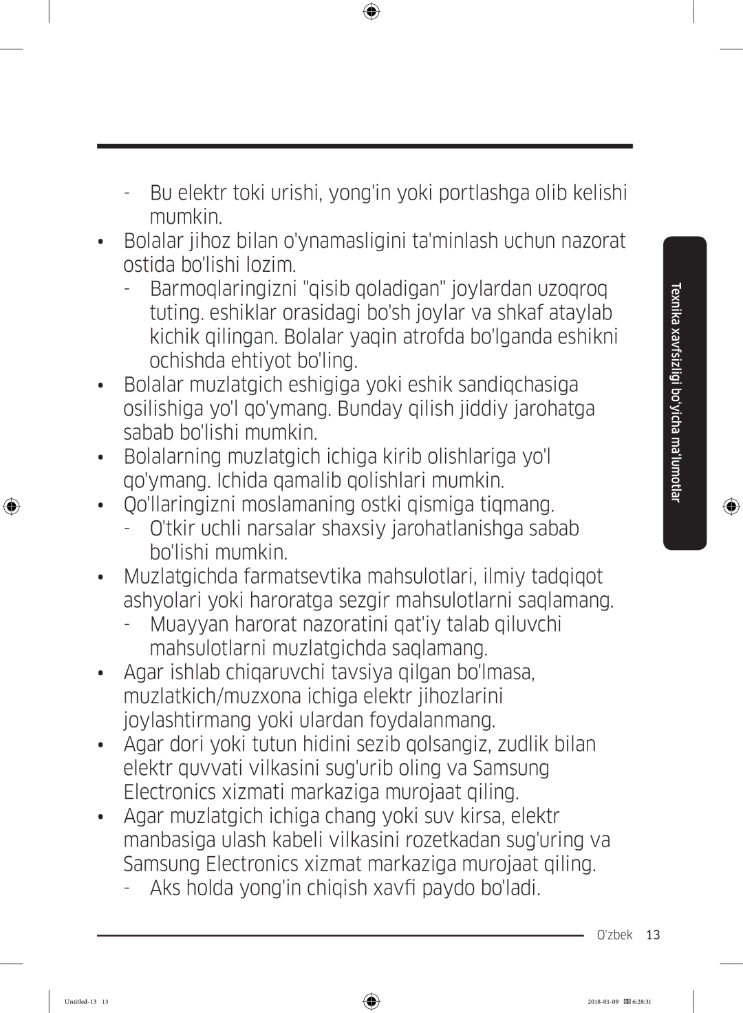 Samsung RT32K5132S8/WT, RT32K5132WW/WT, RT29K5030WW/WT, RT35K5440S8/WT, RT29K5030S8/WT manual Ozbek  